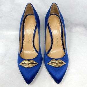 Charlotte Olympia Lippy Eva Metal Lips Silk Satin Pointed Toe Stiletto Heel Pump